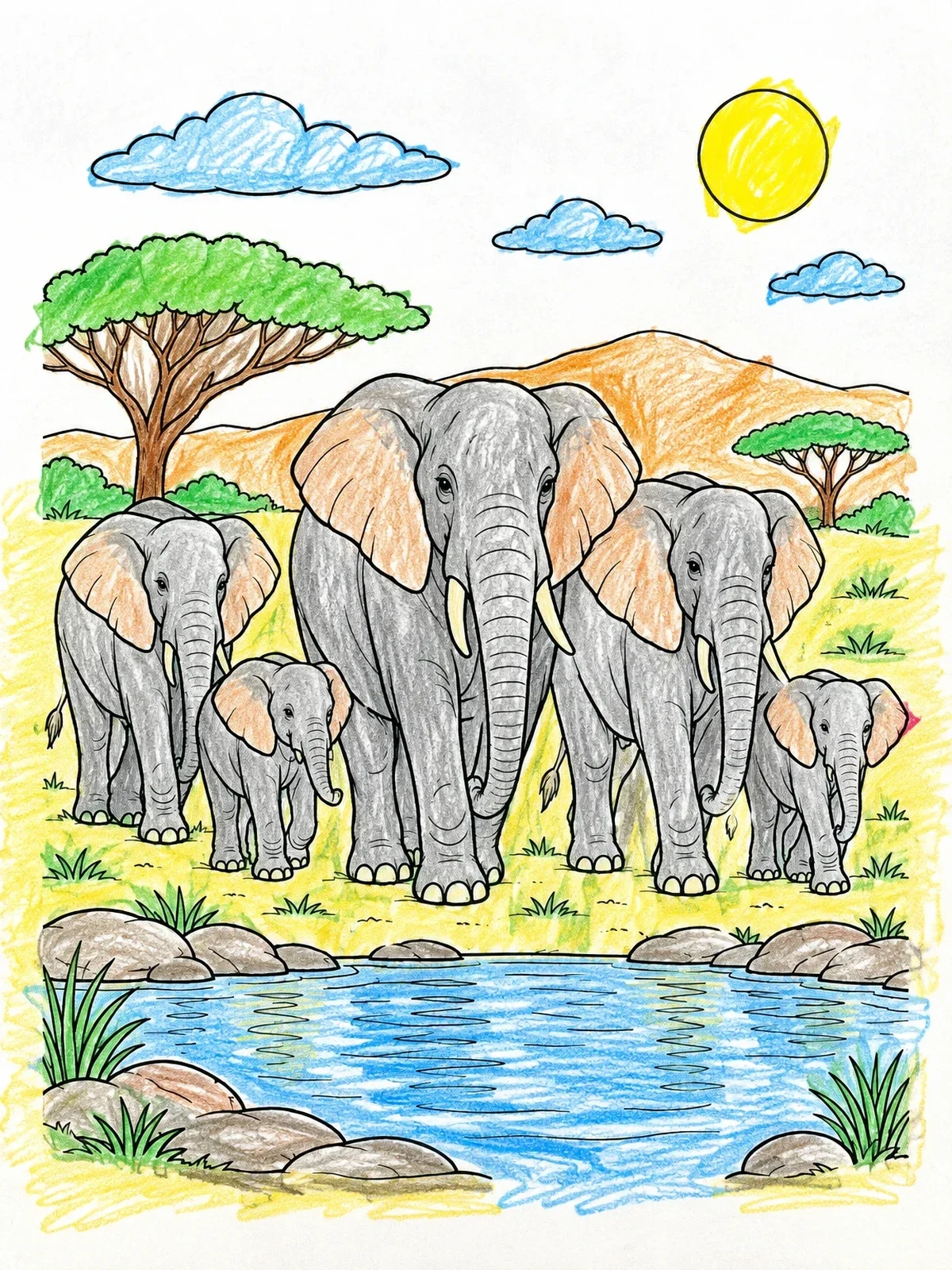Colored example of the Elephant Family By The Savanna Waterhole coloring page