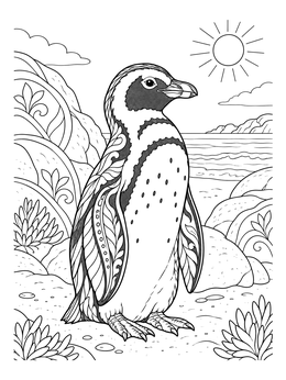 An ornate penguin coloring page standing near coastal rocks under the sun.