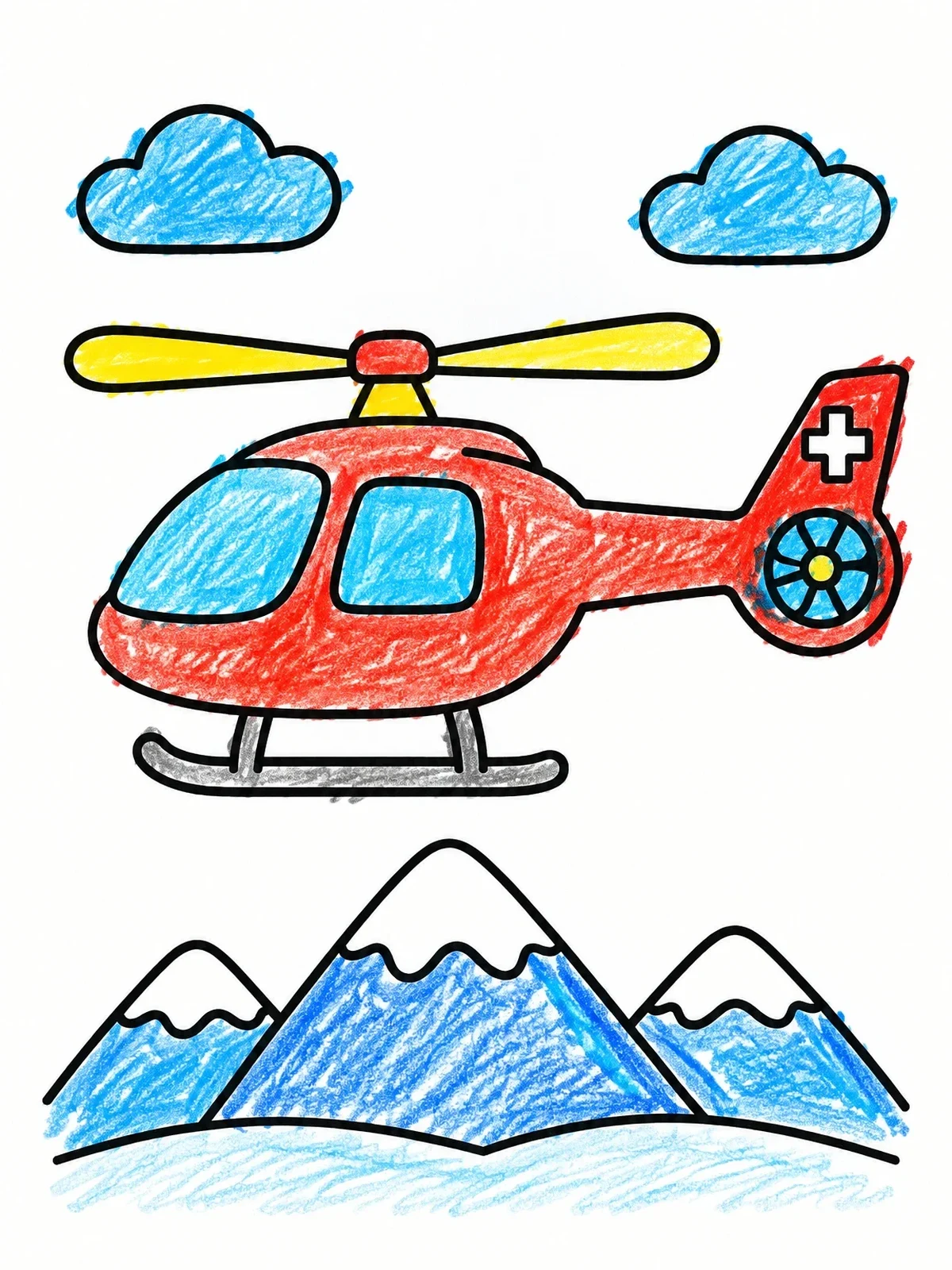 Colored example of the Rescue Helicopter Flying Over Snowy Mountains coloring page
