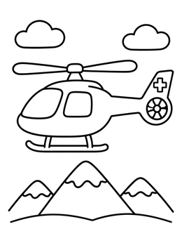 Free printable Rescue Helicopter Flying Over Snowy Mountains coloring page