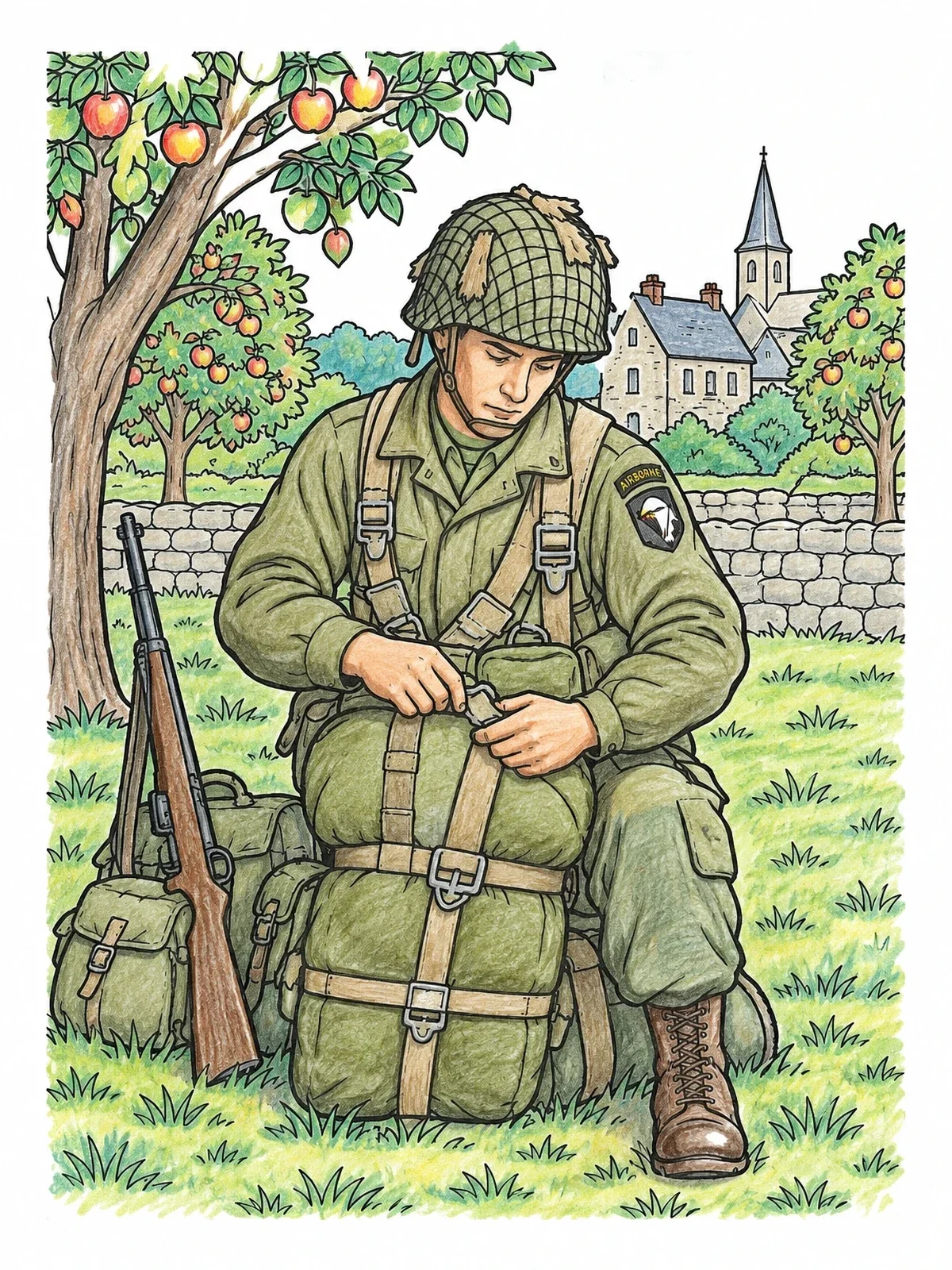 Colored example of the Airborne Soldier In Normandy Orchard coloring page