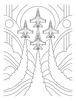 Four fighter jets leaving vapor trails in this airplane coloring page with geometric patterns.