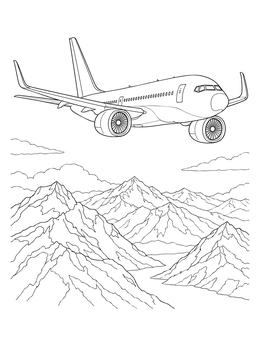 A detailed airplane coloring page showing a twin-jet airliner flying high over rugged mountain peaks.