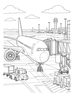 Detailed airplane coloring page featuring a commercial jet docked at a terminal gate with a jet bridge.