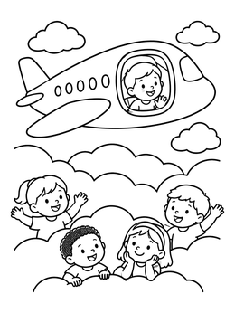 A happy boy waves from an airplane flying over kids in this clouds coloring page.