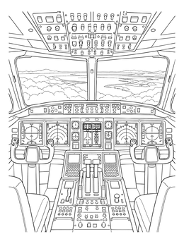 Detailed cockpit view with instrument panels on this realistic airplane coloring page.