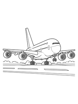 An airplane coloring page showing a large four-engine jet touching down on the tarmac.