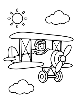 A happy child pilot flies a biplane in this airplane coloring page with sun and clouds.