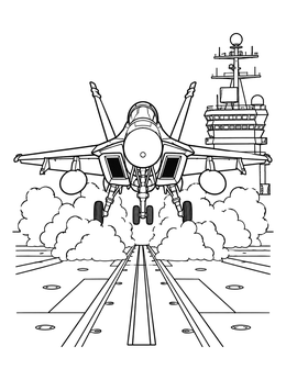A detailed airplane coloring page of a fighter jet taking off from an aircraft carrier flight deck with steam rising.