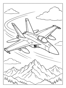 A military jet swoops past high mountains in this dynamic airplane coloring page.