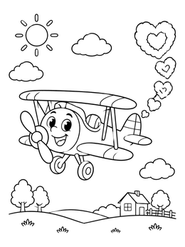 Free printable Happy Biplane Blowing Heart Smoke coloring page