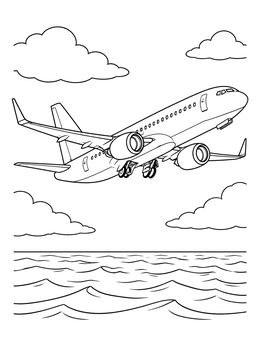 Commercial jet taking off over sea waves on this airplane coloring page.