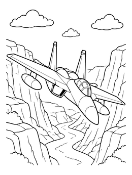An adventurous airplane coloring page featuring a fighter jet flying over a winding canyon river.