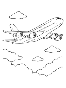 Airplane coloring page showing a large four-engine passenger jet climbing into the sky above fluffy clouds.