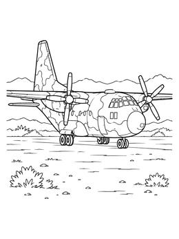 A military transport airplane coloring page parked on a desert airstrip with mountains.