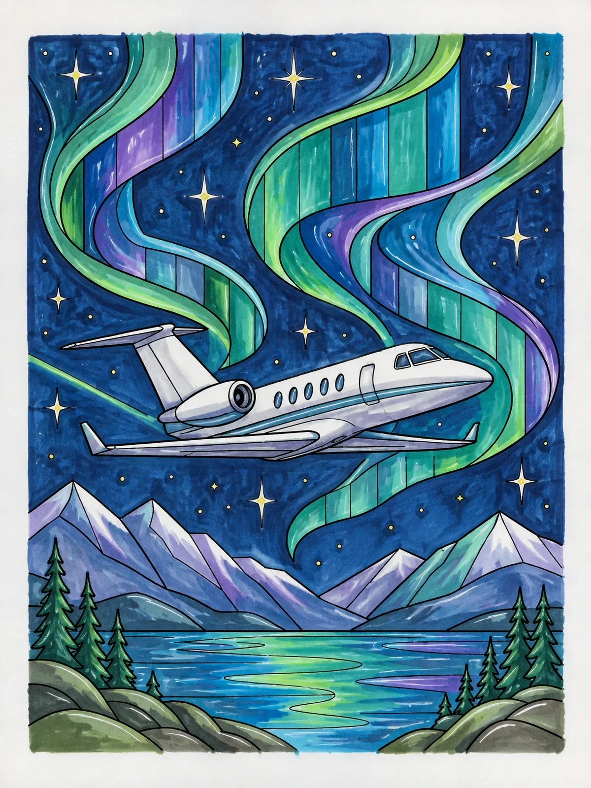 Colored example of the Airplane Flying Under Northern Lights coloring page