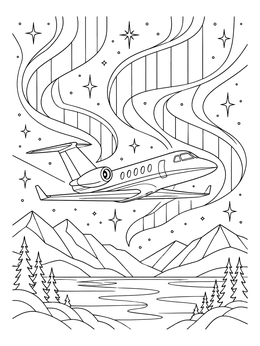Free printable Airplane Flying Under Northern Lights coloring page