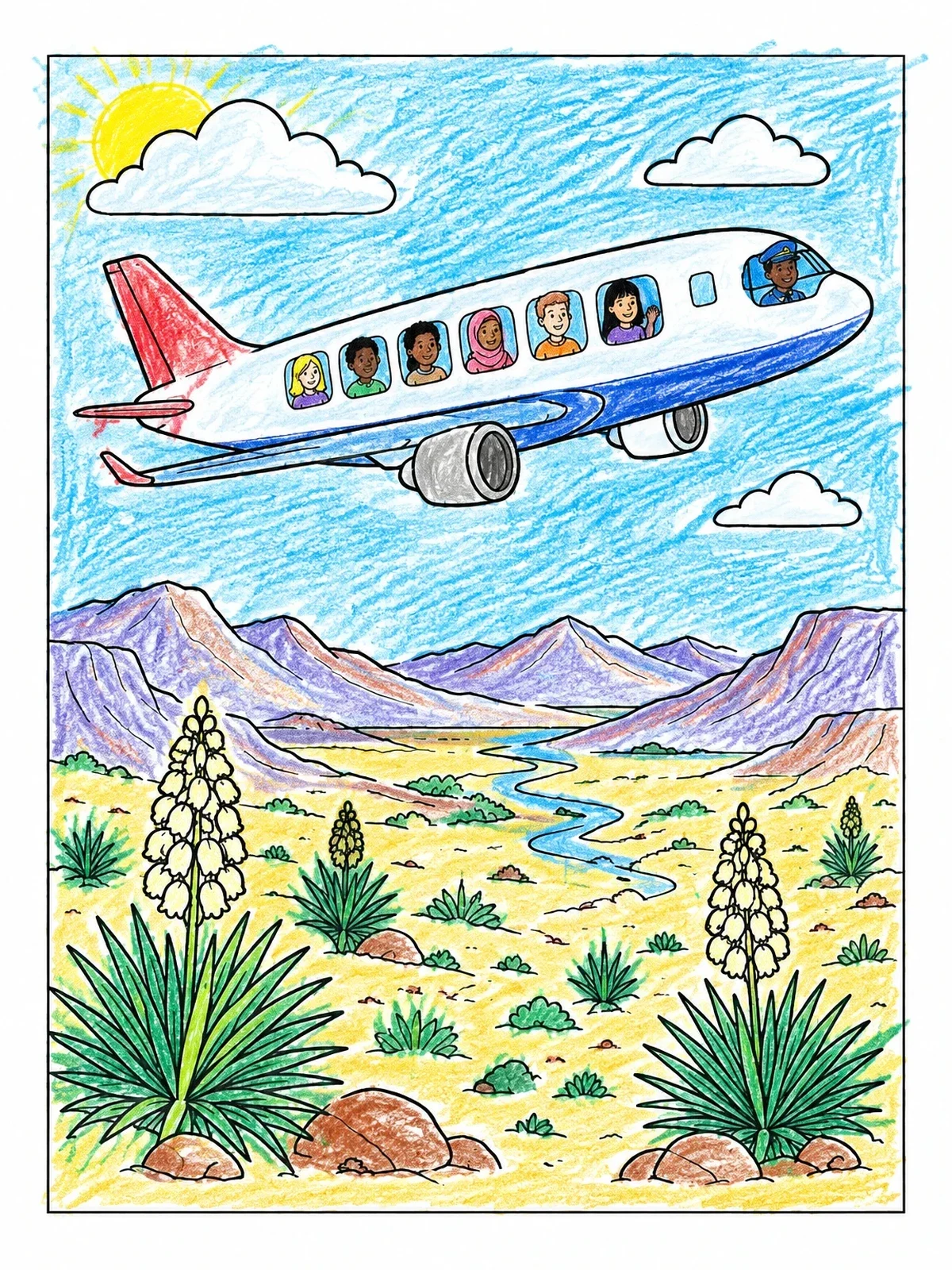 Colored example of the Airplane Flying Over Desert Valley coloring page