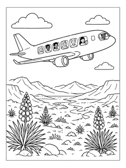 Free printable Airplane Flying Over Desert Valley coloring page