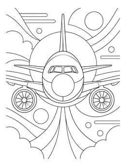 Detailed airplane coloring page showing a commercial jet flying forward against stylized sky patterns.