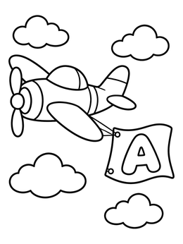 A cute cartoon airplane flies in the clouds in this letter a coloring page.