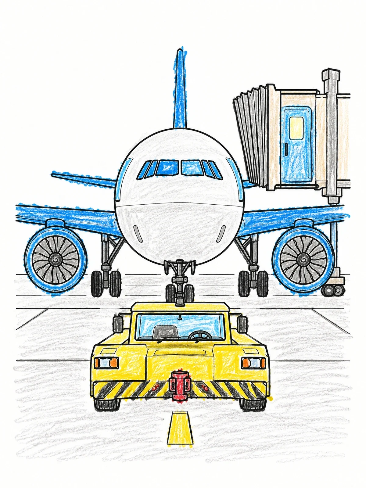 Colored example of the Airplane And Pushback Tug At Gate coloring page
