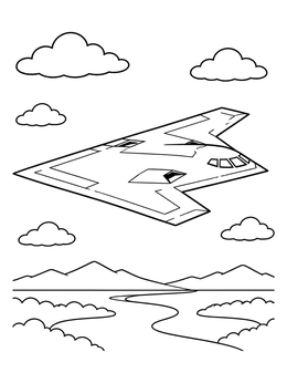 Geometric stealth bomber flying high in this airplane coloring page with clouds and hills.
