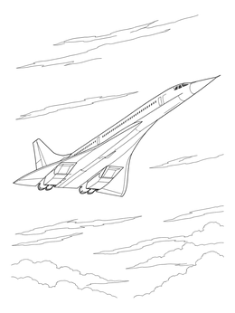 A sleek supersonic jet climbs through clouds in this airplane coloring page.