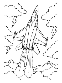 A speedy fighter jet soaring through storm clouds on this airplane coloring page.