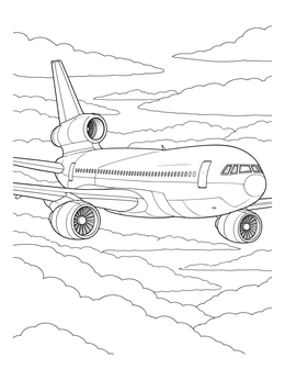 A detailed airplane coloring page featuring a trijet cruising gracefully above soft clouds.