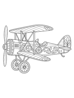An ornate vintage airplane coloring page featuring detailed floral engravings on the fuselage.