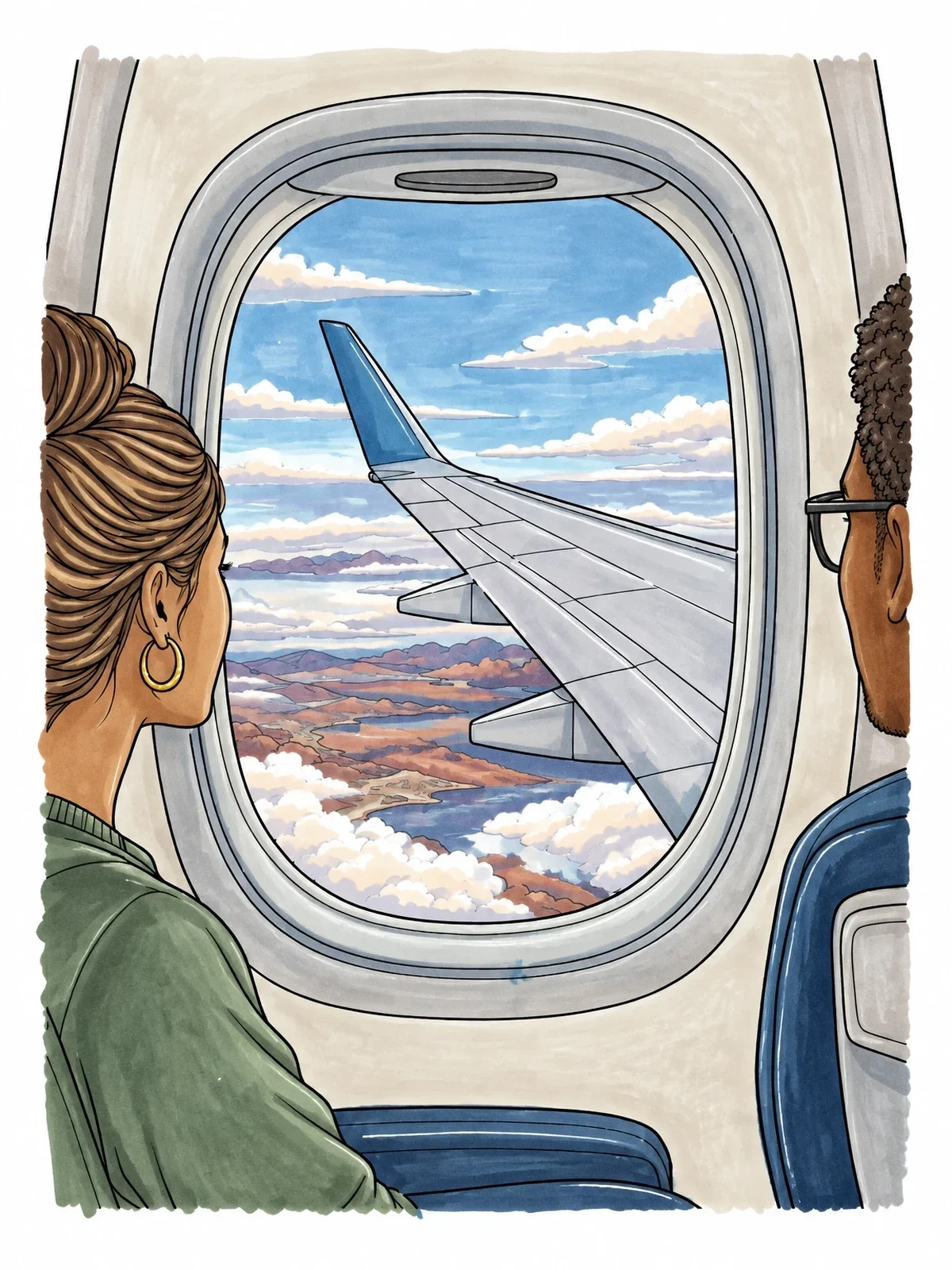 Colored example of the Airplane Window View Over Southwest coloring page