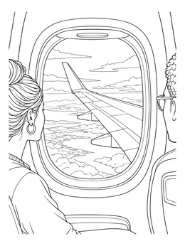 Passengers look through an airplane window in this southwest coloring page showing clouds and landscape.