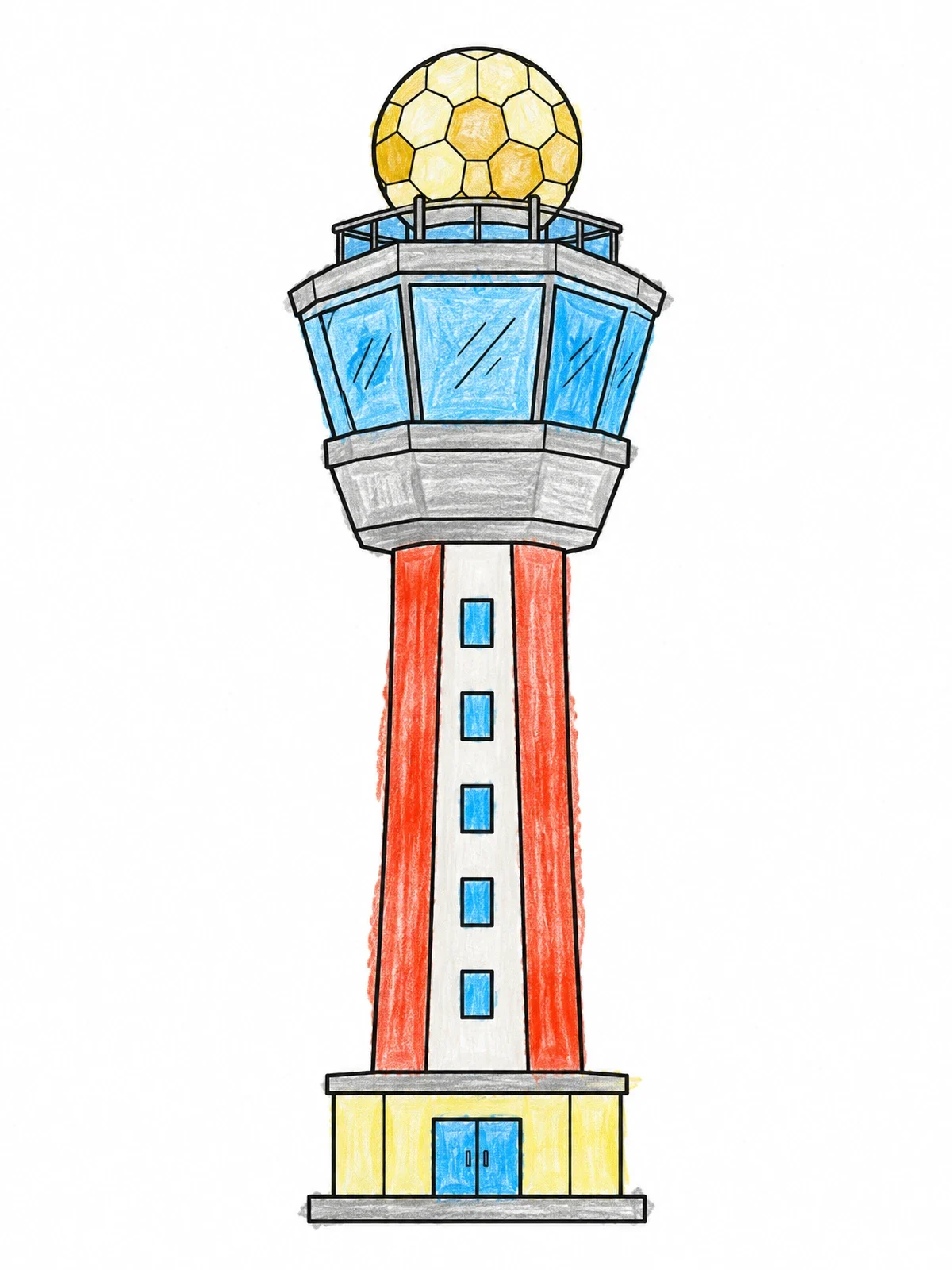 Colored example of the Airport Control Tower coloring page