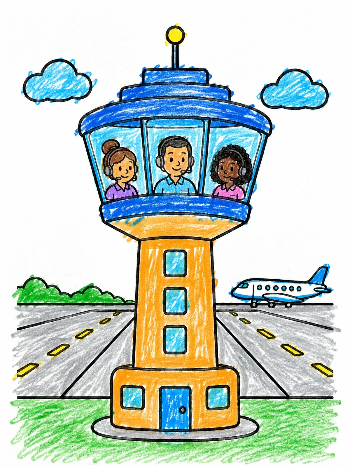 Colored example of the Air Traffic Control Tower Team coloring page