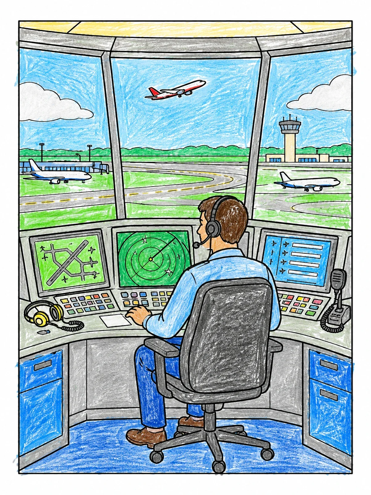 Colored example of the Air Traffic Controller At The Tower coloring page