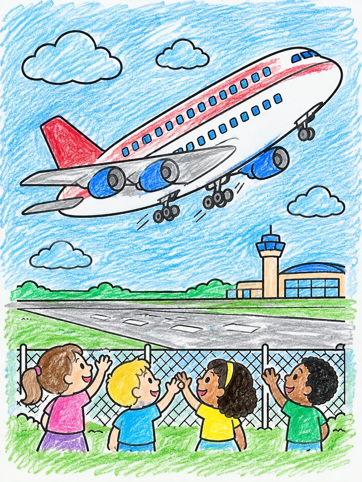 Colored example of the Children Watching Airplane Takeoff coloring page