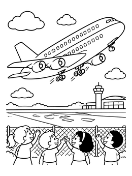 Free printable Children Watching Airplane Takeoff coloring page