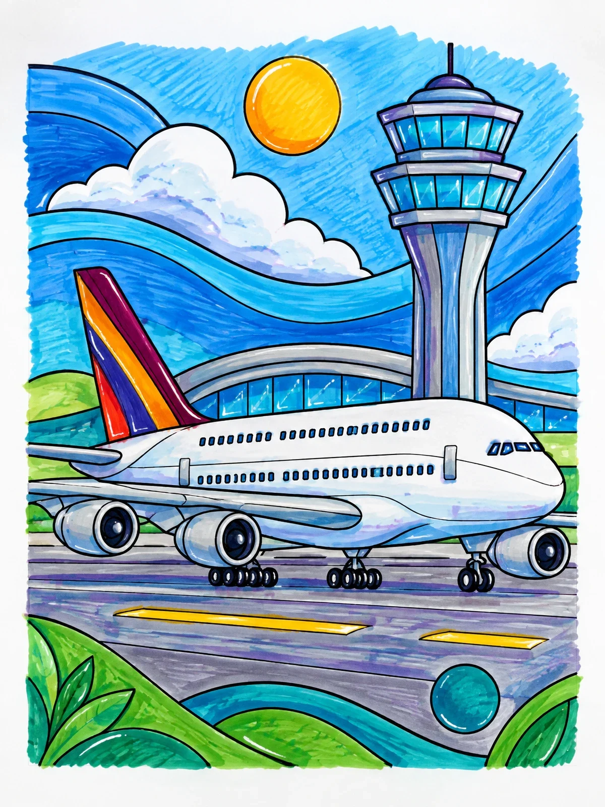 Colored example of the Double Decker Jet At Control Tower coloring page