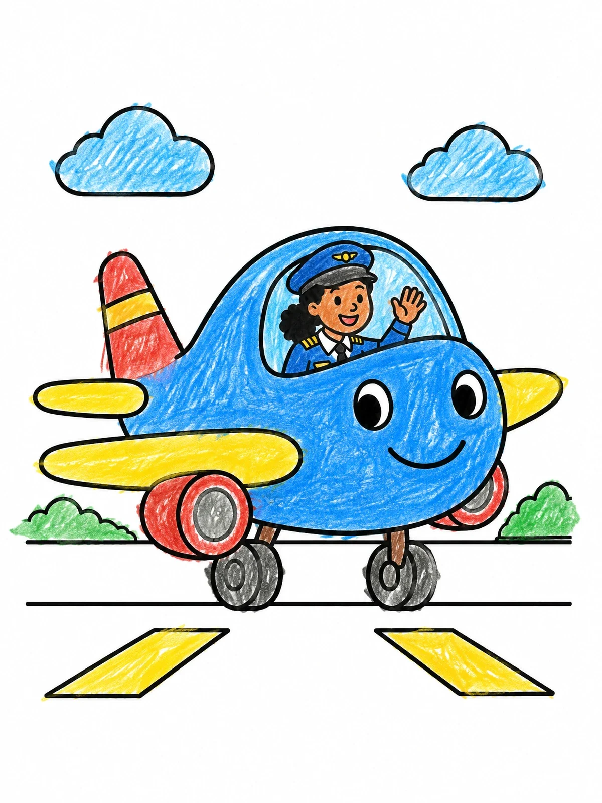 Colored example of the Friendly Airplane And Waving Pilot coloring page