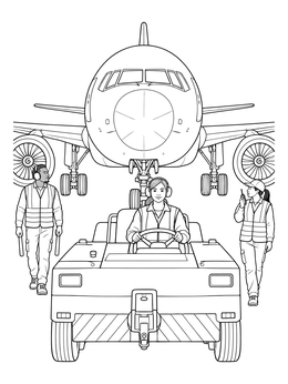 An airplane coloring page showing airport ground crew operating a pushback vehicle.