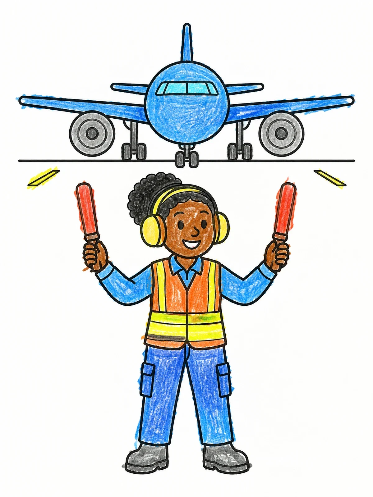 Colored example of the Airport Ground Marshaller Guiding Plane coloring page