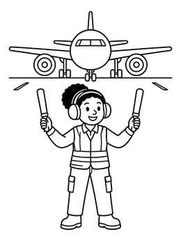 Free printable Airport Ground Marshaller Guiding Plane coloring page