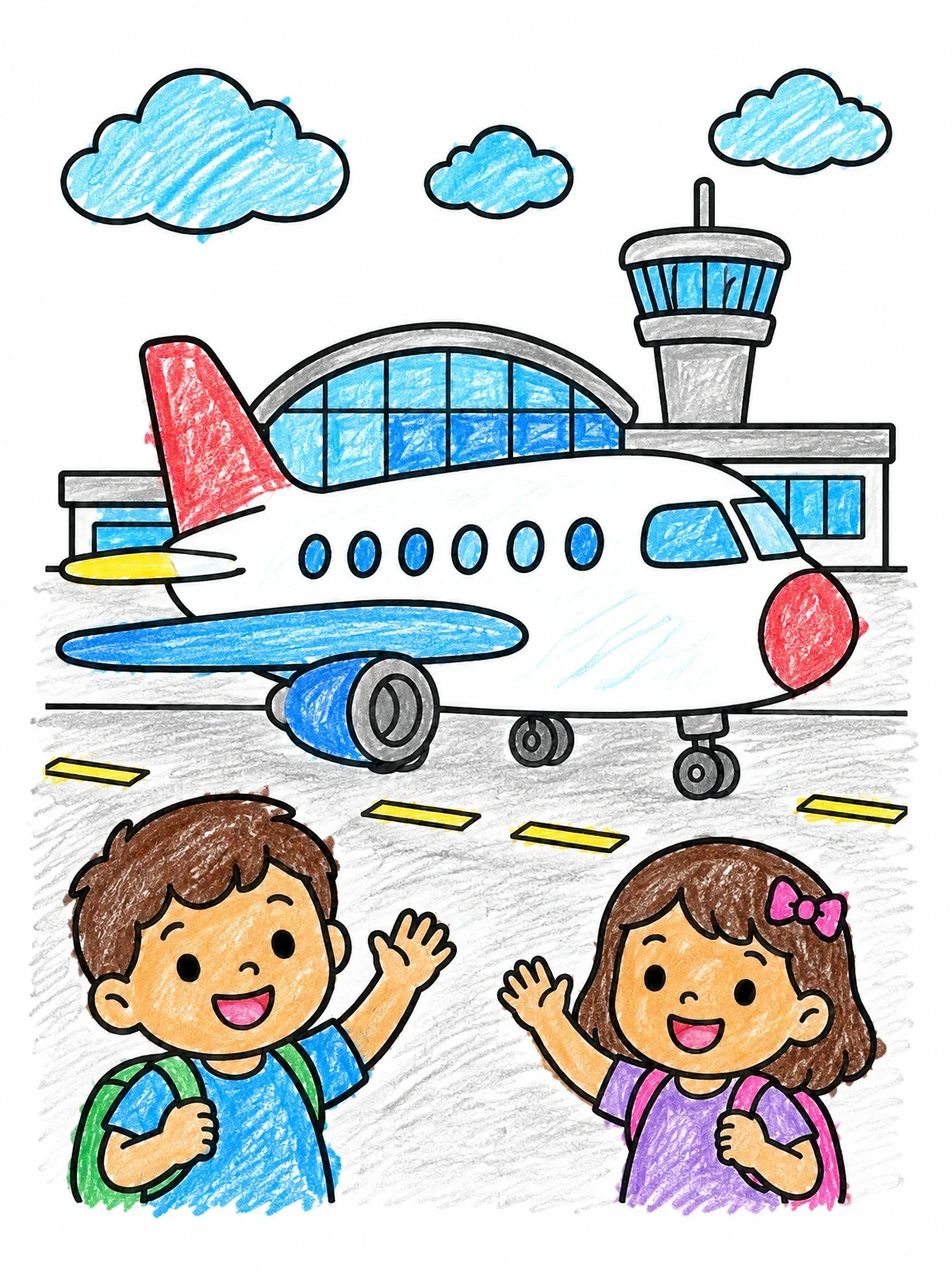 Colored example of the Kids Waving At Airplane Runway coloring page