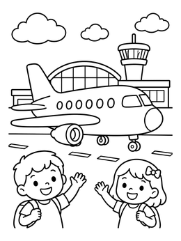 Free printable Kids Waving At Airplane Runway coloring page