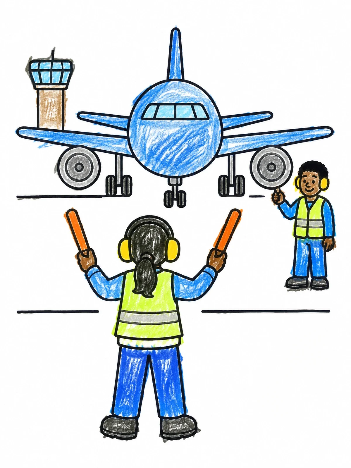 Colored example of the Airport Marshaller Guiding An Airplane coloring page