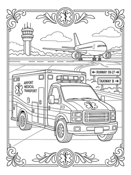 An airport medical transport ambulance coloring page with a taxiing airplane and control tower in the background.