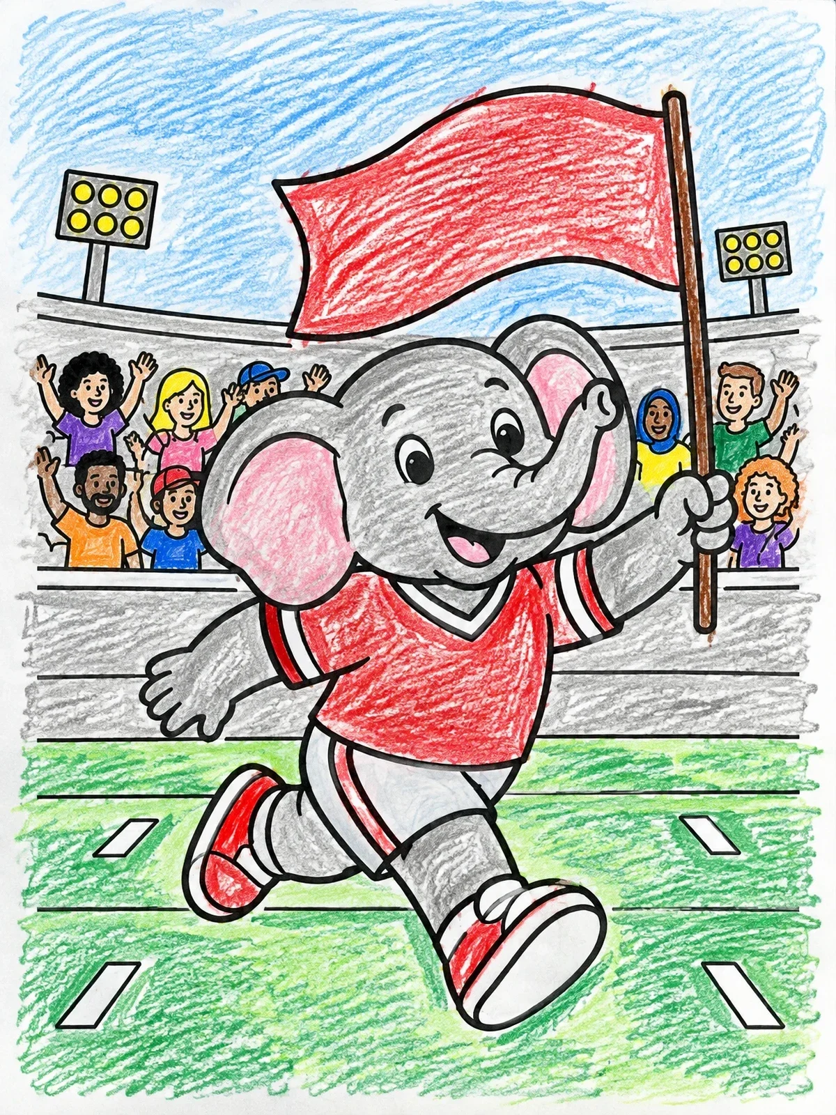 Colored example of the Elephant Mascot Running With Flag coloring page