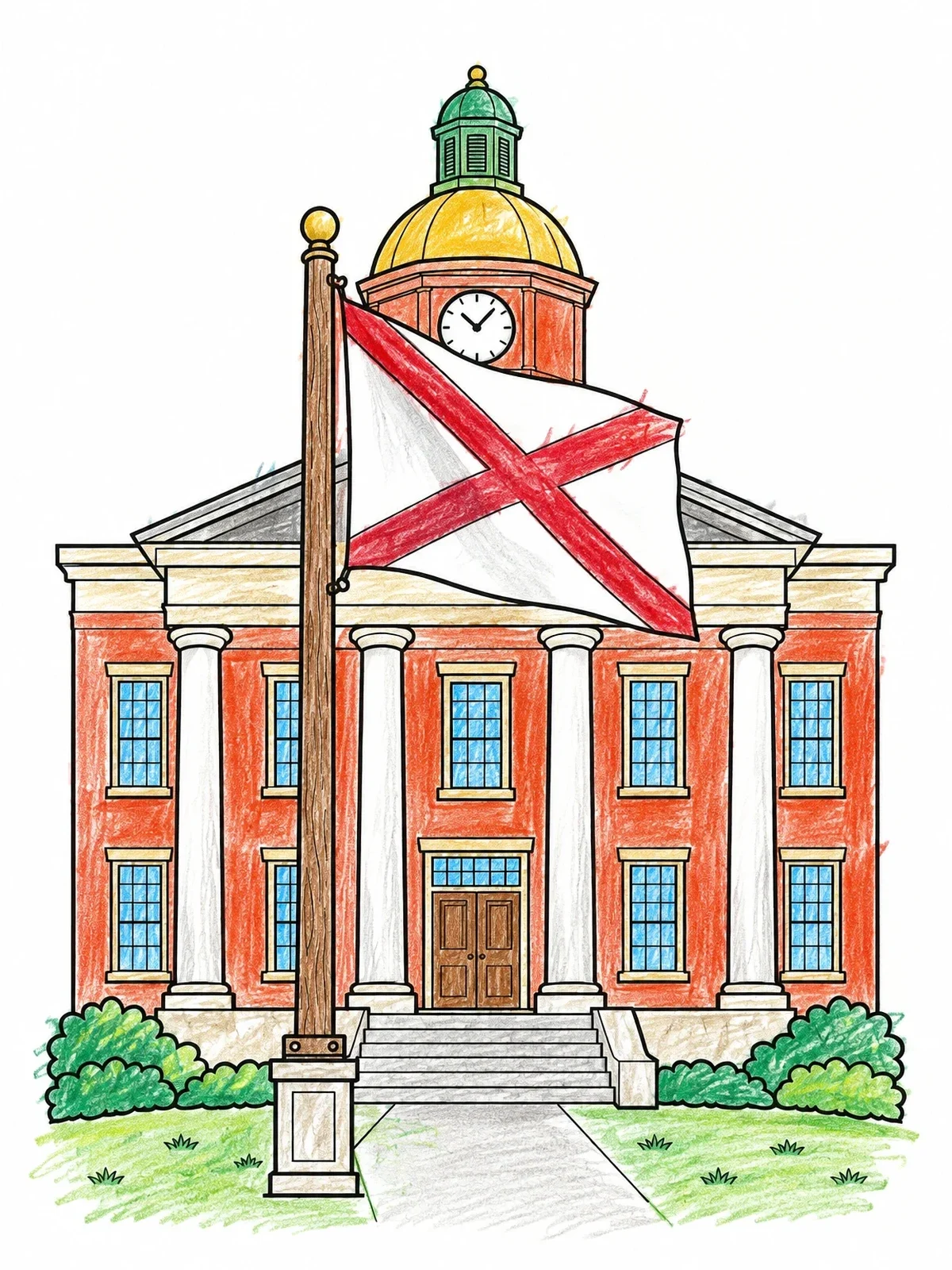 Colored example of the Alabama State Flag And Historic Courthouse coloring page