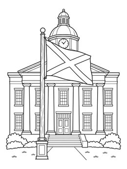 An alabama coloring page featuring the state flag flying in front of a grand domed courthouse.